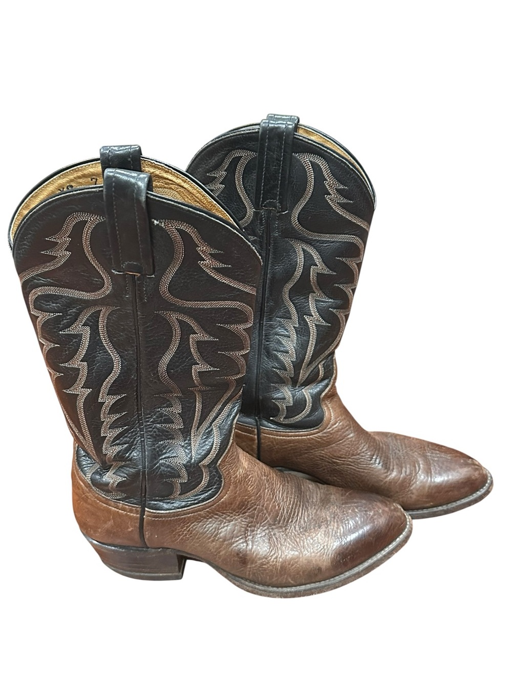 Vintage Tony Lama Two-Tone Brown Foot with Black Shaft Western Boots. Men’s 8.5